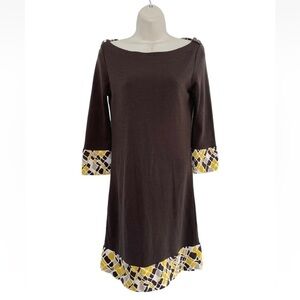 TORY BURCH Brown Wool Sheath Dress Yellow Tan Silk Mod Sleeves Hem Woman's Sz XS